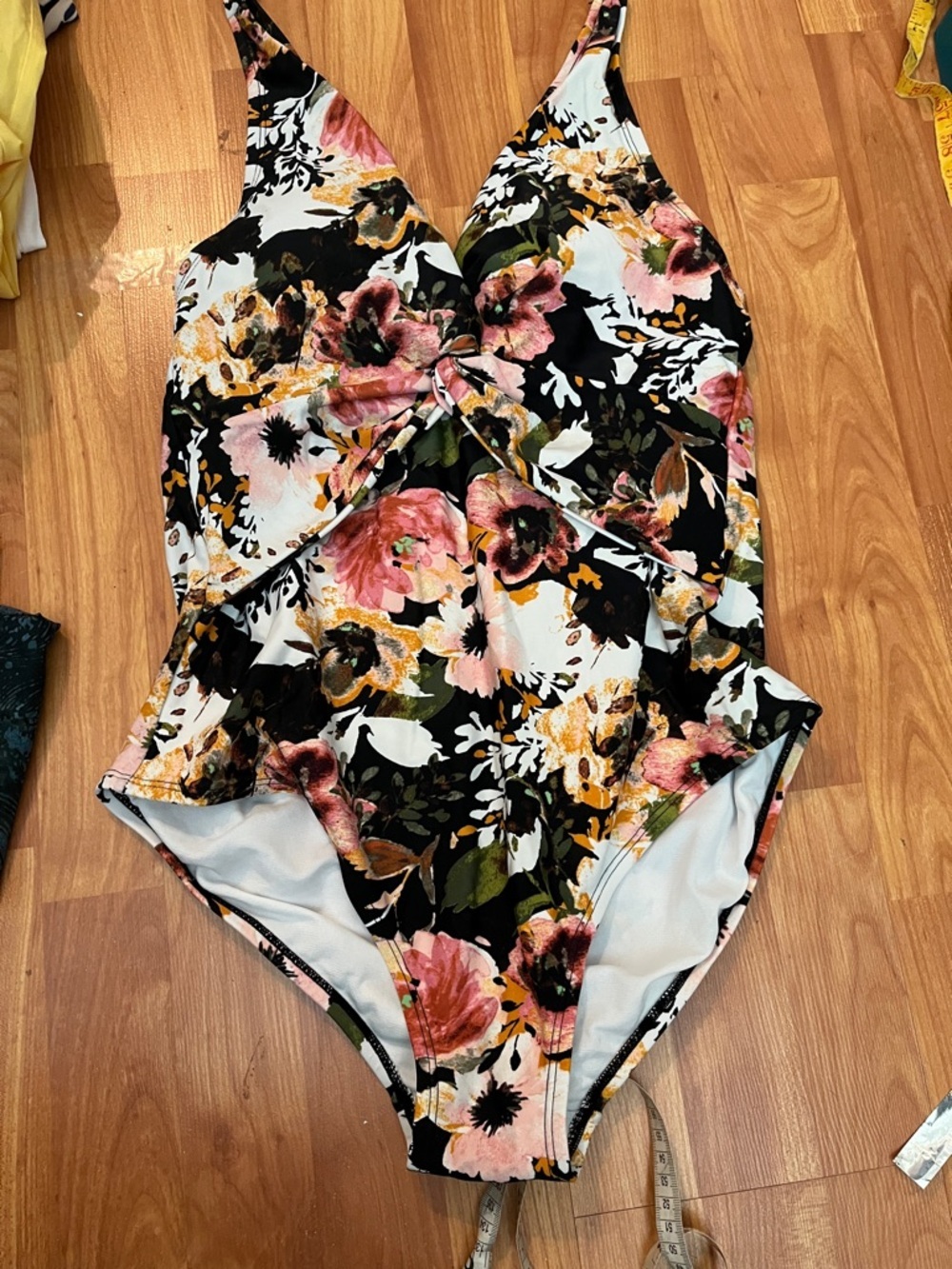 Kona Sol Black Floral Twist-Front One-Piece Swimsuit with Pink, Green & Yellow